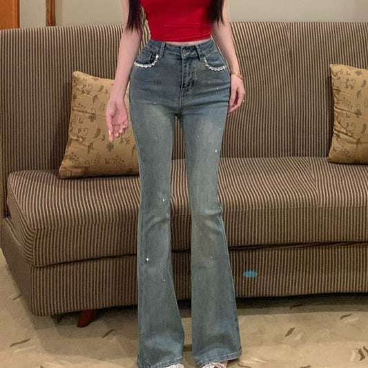 Rise Mid Bootcut Trim Jeans Rhinestone Washed