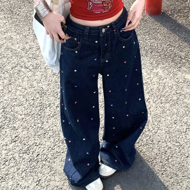 Embroidered Leg Waist Jeans Wide High Floral
