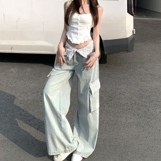 Camisole / Lace Jeans Crop Top Washed Rise Panel Trim Wide Low Button-Up Leg Cargo