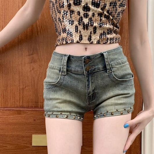 Studded Rise Low Denim Washed Shorts