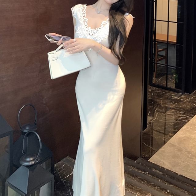 Lace Dress Maxi Panel V-Neck Mermaid Sleeveless