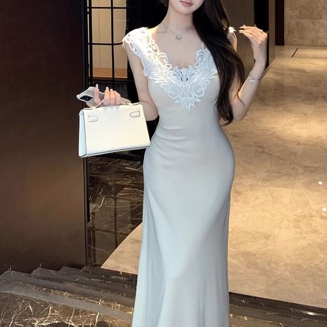 Lace Dress Maxi Panel V-Neck Mermaid Sleeveless