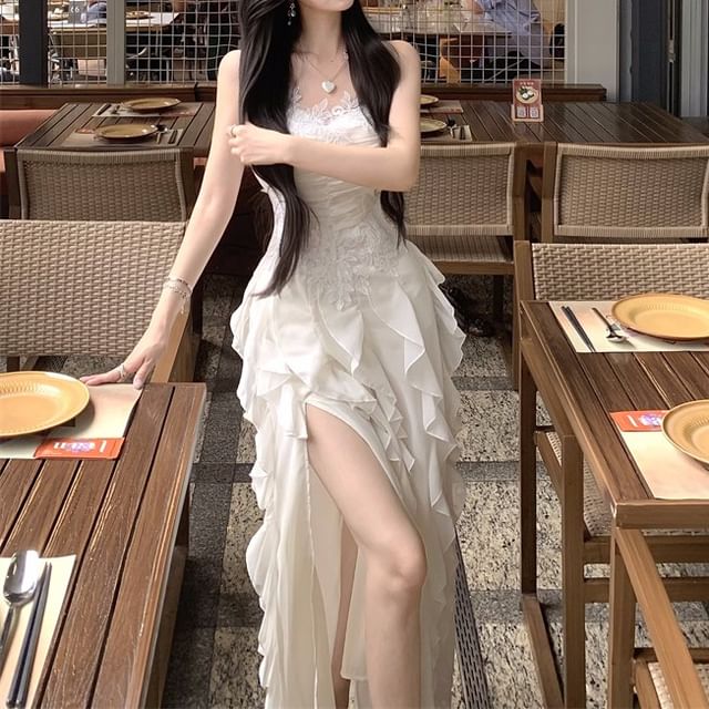Dress Ruffle Strap Slit Plain Maxi Spaghetti Ruched Panel A-Line Lace
