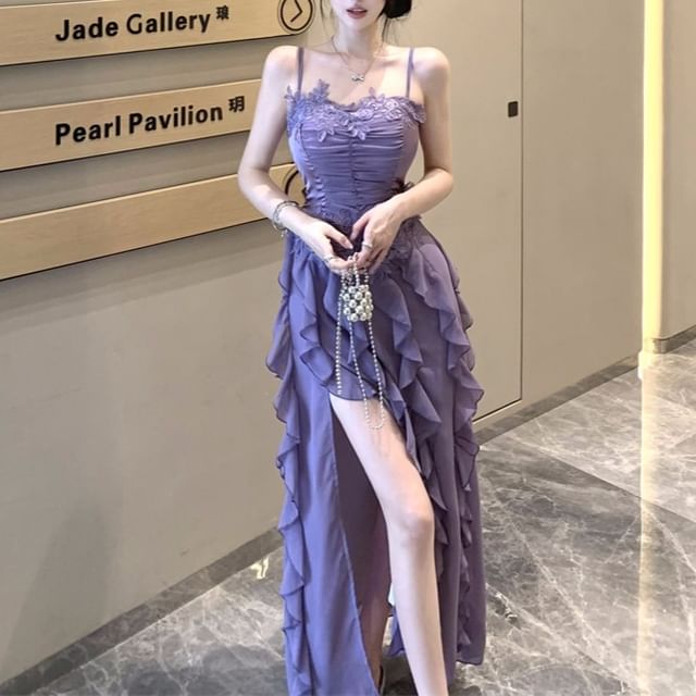 Dress Ruffle Strap Slit Plain Maxi Spaghetti Ruched Panel A-Line Lace