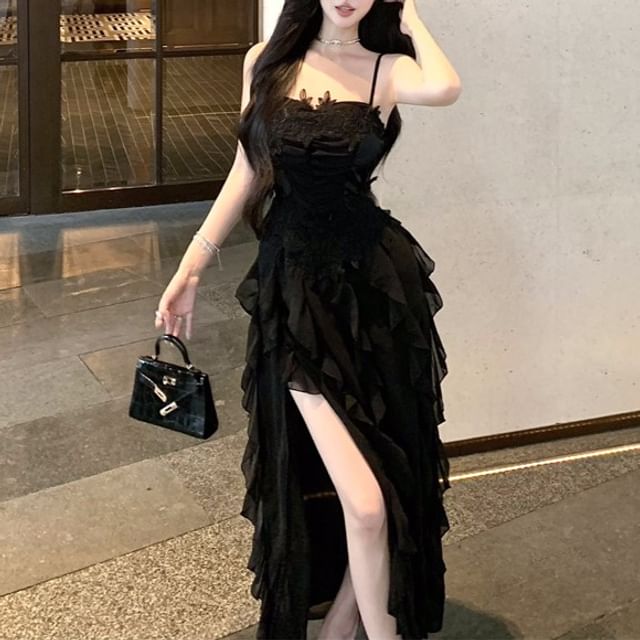 Dress Ruffle Strap Slit Plain Maxi Spaghetti Ruched Panel A-Line Lace