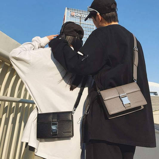 Plain Buckled Crossbody Leather Bag Faux Flap