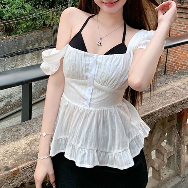 Top Bow Back Peplum Halter Plain / Blouse Open Puff-Sleeve