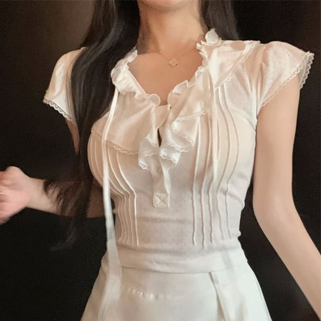T-Shirt Plain Ruffle Lace Cap-Sleeve Trim