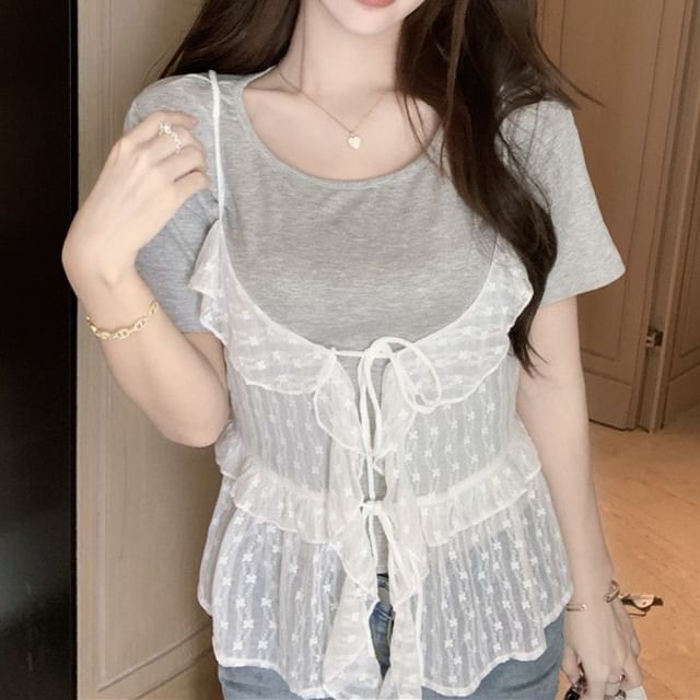 Ruffle Floral + Top Set: Tee Neck Short-Sleeve Crew Sheer Cami Plain