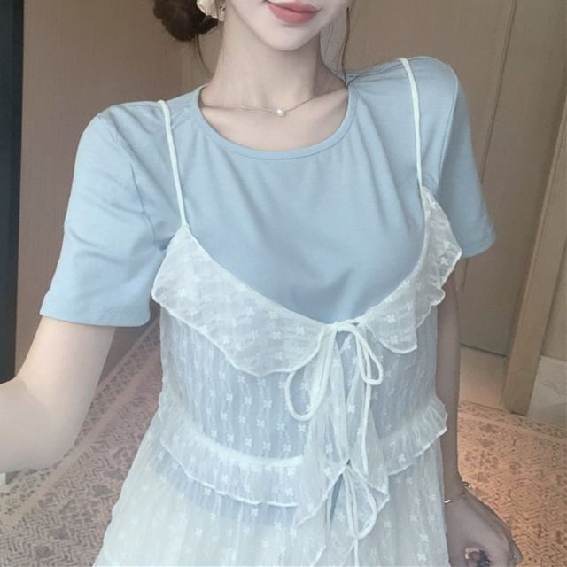 Ruffle Floral + Top Set: Tee Neck Short-Sleeve Crew Sheer Cami Plain