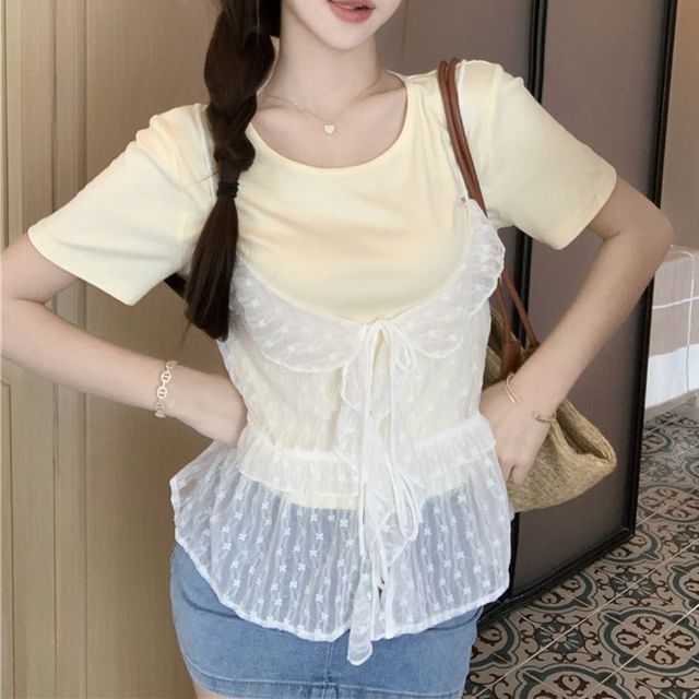 Ruffle Floral + Top Set: Tee Neck Short-Sleeve Crew Sheer Cami Plain