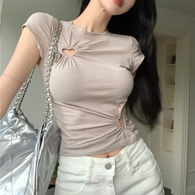 Cutout Plain T-Shirt Short-Sleeve Cropped Neck Crew