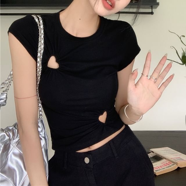 Cutout Plain T-Shirt Short-Sleeve Cropped Neck Crew