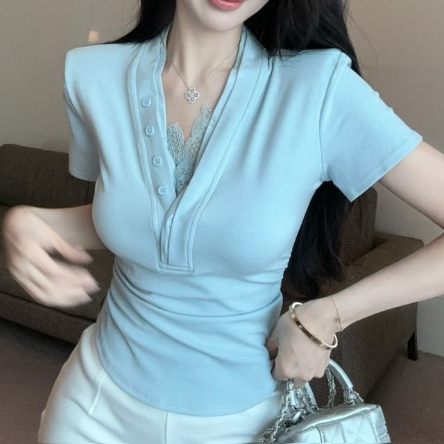 Short-Sleeve Trim T-Shirt Plain V-Neck Ruched Lace