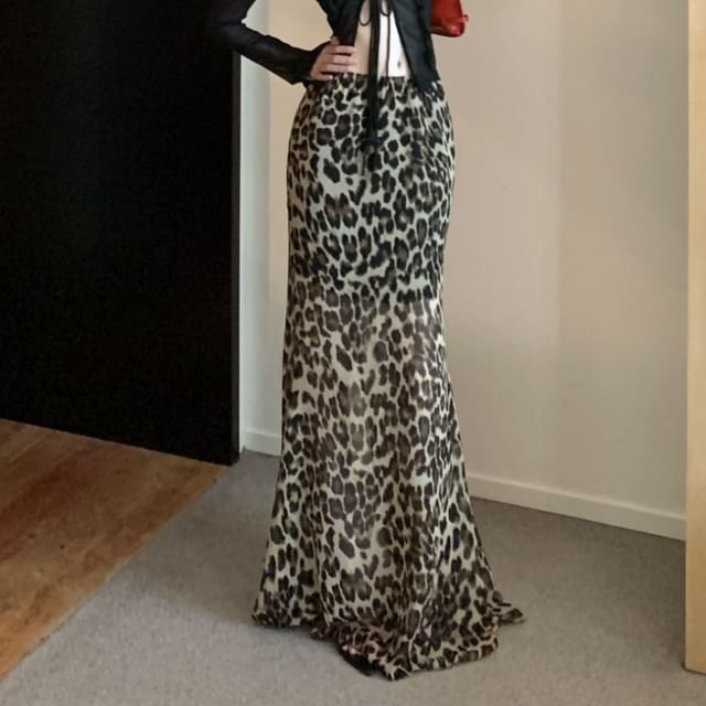 Waist Maxi Plain Leopard Sheer / Top Long-Sleeve Mermaid Front-Slit Skirt High Print