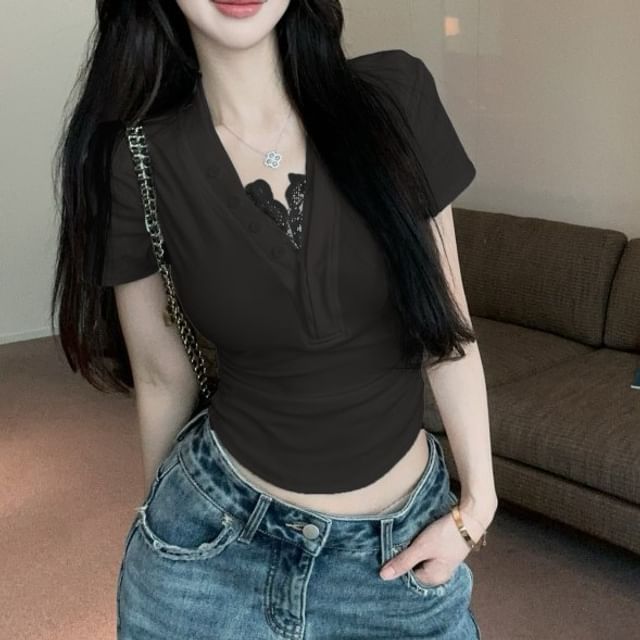 Short-Sleeve Trim T-Shirt Plain V-Neck Ruched Lace
