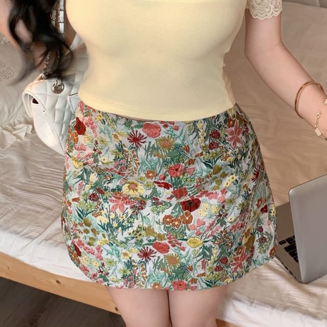 Tee Short-Sleeve Mini Off-Shoulder Pencil Trim Rise Plain Lace / Floral Skirt High
