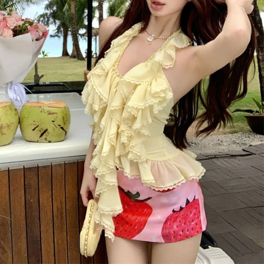 Print High Top Waist Ruffle Mini Halter Skirt Pencil Plain / Strawberry