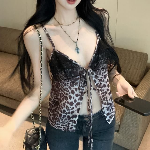 Print Top Ruffle Leopard Tie-Up Cami Slit Panel V-Neck