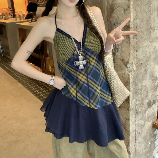 Top V-Neck Panel Halter Plaid