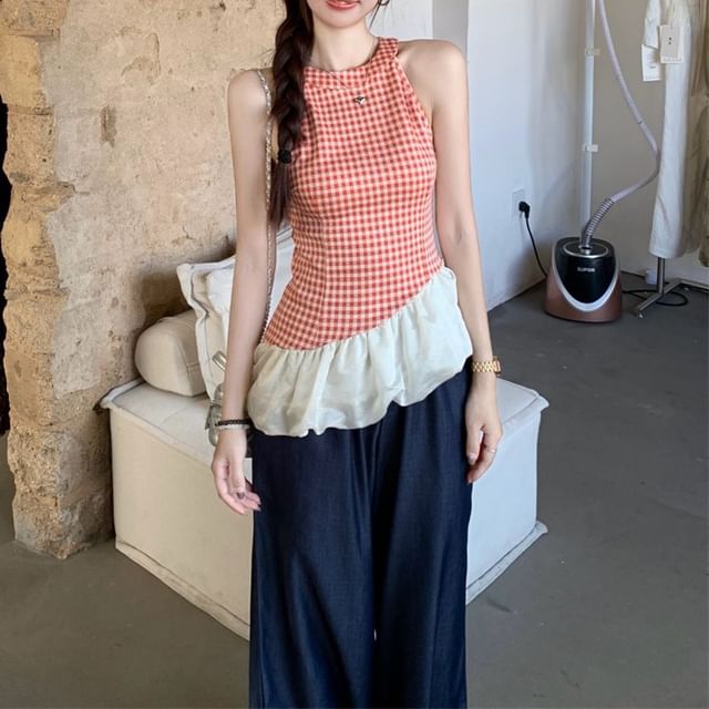 Wide High Plaid Asymmetrical / Leg Panel Washed Waist Cami Jeans Top