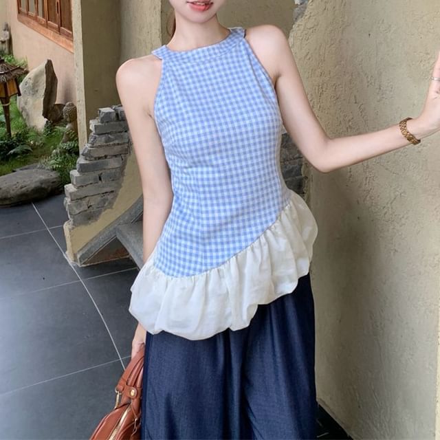 Wide High Plaid Asymmetrical / Leg Panel Washed Waist Cami Jeans Top