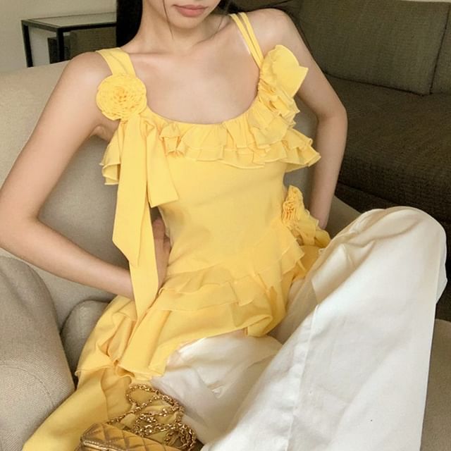 Plain Floral Asymmetrical Cami Ruffle Top Detail