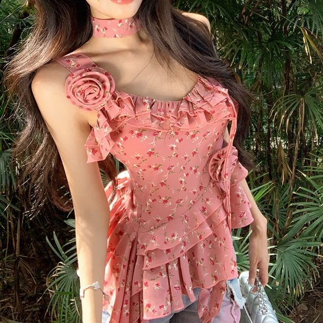 Plain Floral Asymmetrical Cami Ruffle Top Detail