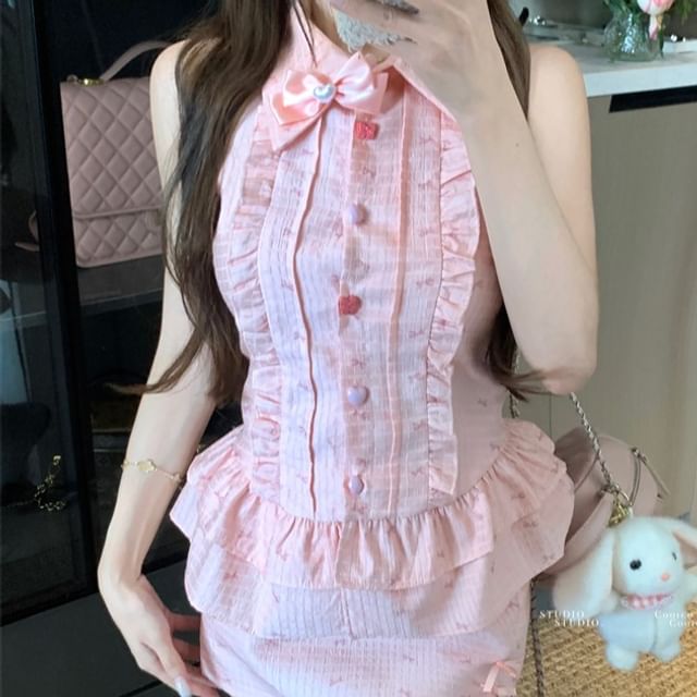 Collared Print Skirt Brooch Bow Sleeveless / Waist Pencil High Blouse Mini Ruffle Set