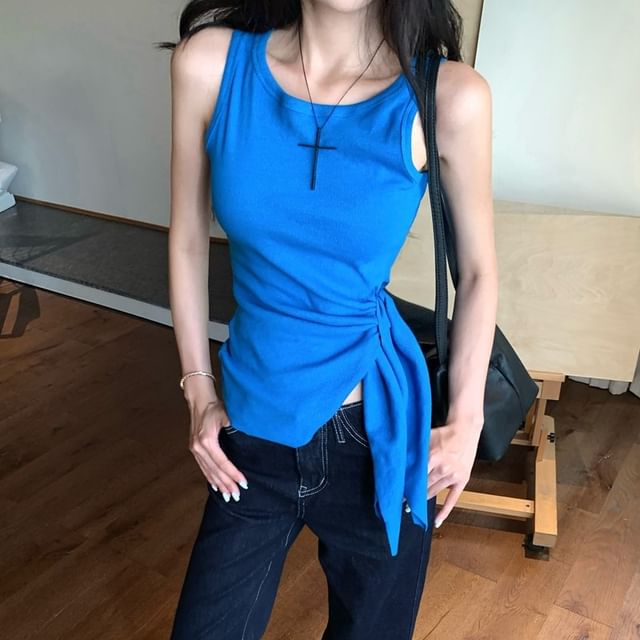 Crew Neck Tie-Up Top Tank Plain