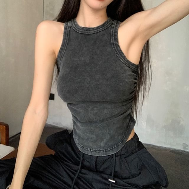 Tank Wide Pants Top Leg Crew Waist Washed Plain Drawstring / Neck