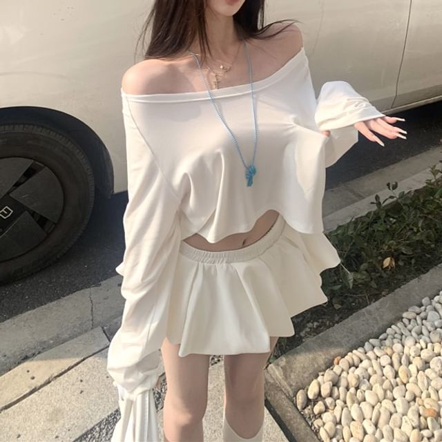 / Mini Skirt Long-Sleeve T-Shirt Shoulder Plain Off A-Line Crop