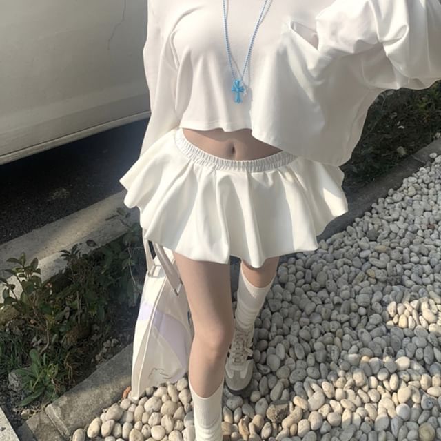 / Mini Skirt Long-Sleeve T-Shirt Shoulder Plain Off A-Line Crop