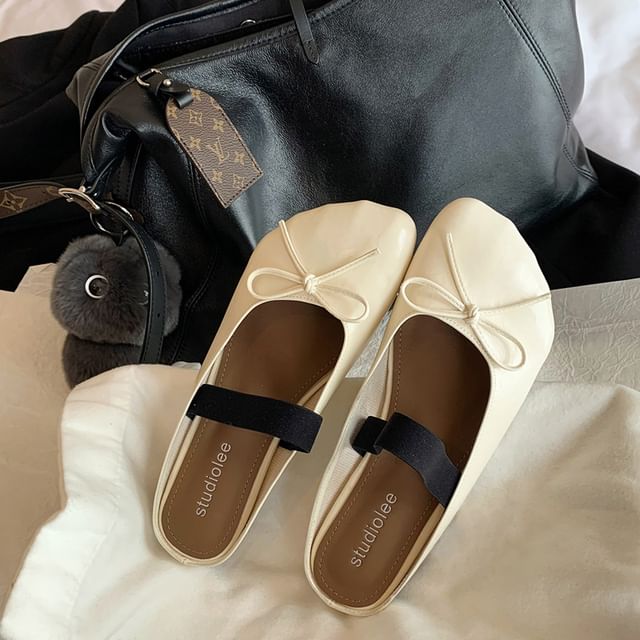 Faux Leather Plain Ballet Bow Flats
