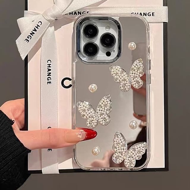 Butterfly / Set Faux Strap Case Phone Mirrored Pearl