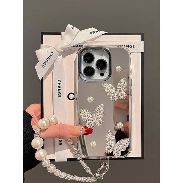 Butterfly / Set Faux Strap Case Phone Mirrored Pearl