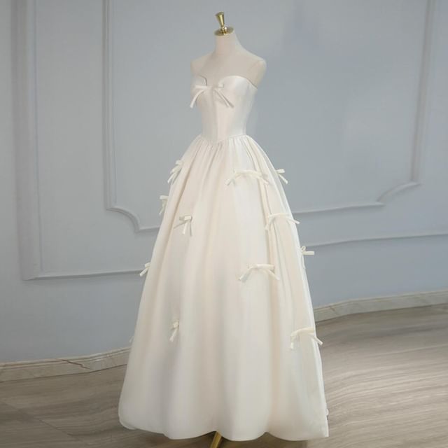 A-Line Gown Evening Plain Ribbon Strapless Accent