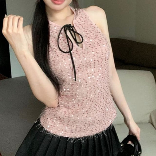 Neck Top Tie Sleeveless Sequin