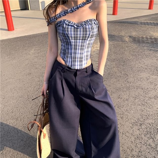 Plaid Pants Bustier Plain Tube Rise Mid / Suit Frill Wide Leg Top