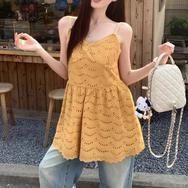 Eyelet Strap Dress Spaghetti Mini A-Line Embroidered Plain