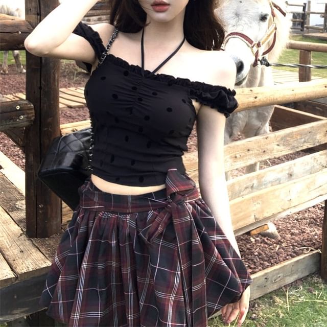 Frill / Dotted High A-Line Rise Plaid Balloon Cami Mini Top Skirt