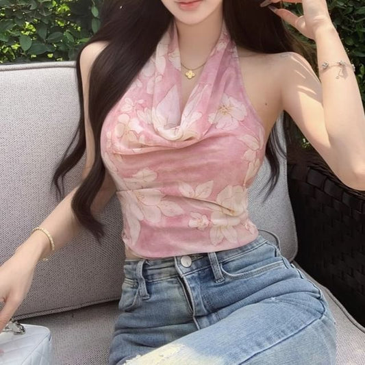 Top Neck Floral Cowl Halter Print