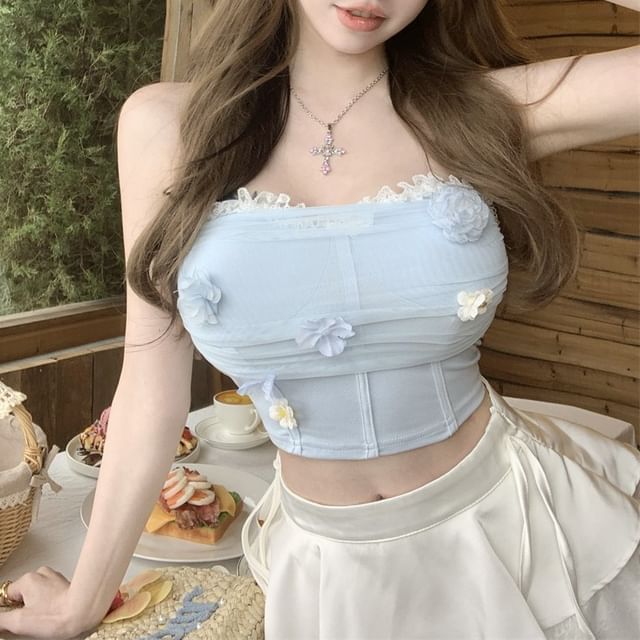 Panel Lace Applique Tube Mesh Floral Trim Crop Top Ruched