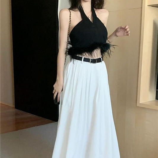 A-Line Pleated Plain Maxi High Waist Crop Feather / Trim Skirt Top Halter