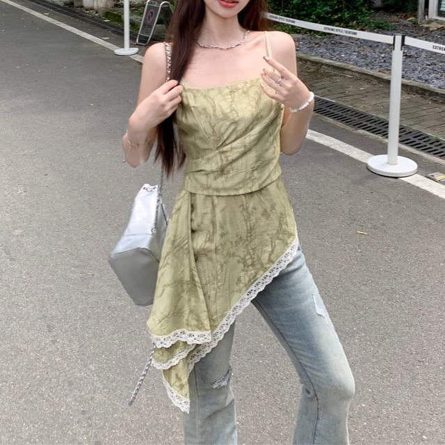 Asymmetrical Print Patterned Lace Top Camisole Trim