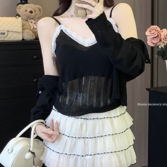 Neck + Round Plain Lace V-Neck Set: Trim Top Camisole Cardigan Knit