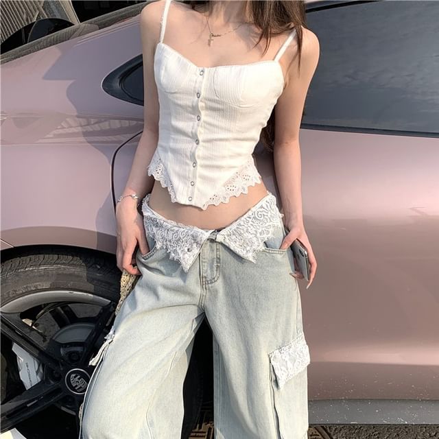 Leg Panel Cargo Button Mid Top Waist Plain Washed / Jeans Cami Wide Lace