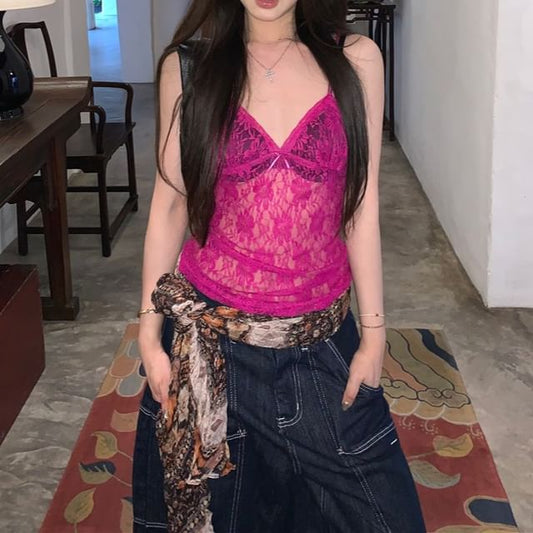 Lace V-Neck Bow Plain Top Camisole