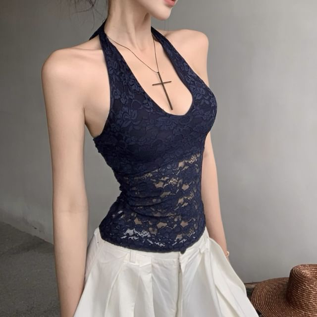 Lace Wide Waist Top Halter Pants Leg / High Plain