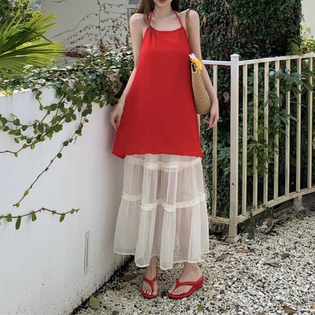 Skirt High Halter Mesh / Maxi Mini Tiered Plain Rise Dress A-Line